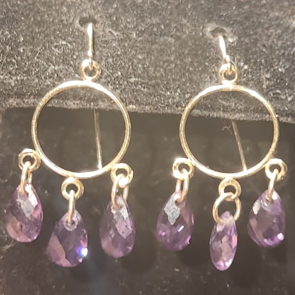 Amythest Briolette Cut Dangle Earrings Set In 14kt Yellow Gold - Picture 7 of 11